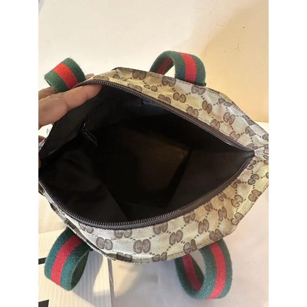 Vintage Gucci Tote Bag Womens Small Brown Canvas GG Monogram Web Stripe Italy
